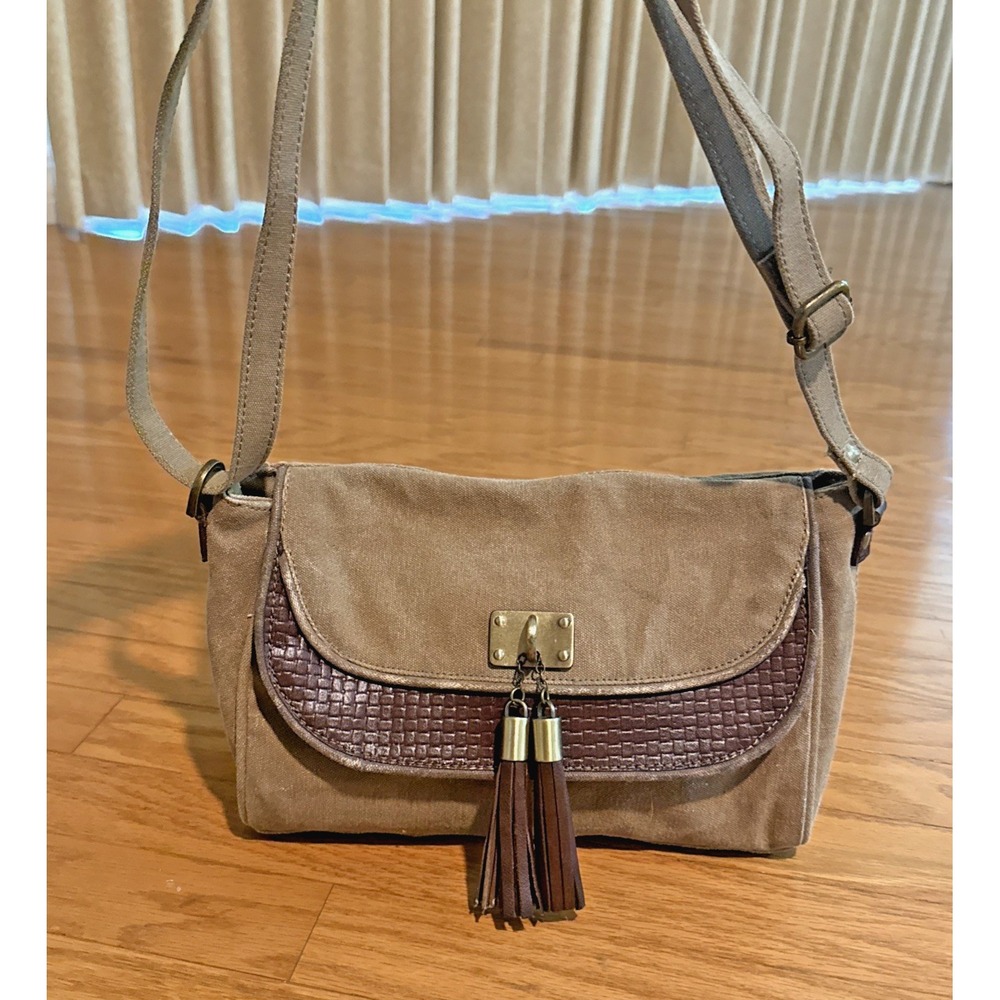 Mona B Canvas Cotton & Leather Crossbody Brown Tassel Shoulder Purse Boho Preppy